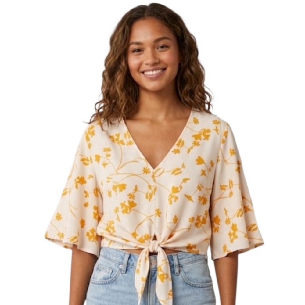 Lush Krisantha Tie Front Blouse Cream & Mustard Size L